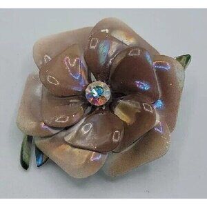 Vintage Purple Luster Flower Brooch Pin Enamel Rainbow Aroura Borealis Center